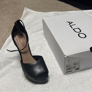 Aldo Black Leather Platform Peep-Toe Ankle Strap Heels